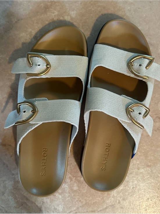 Rothy's Shoes - Rothy's Cream Double-Band Slide Sandals with Gold Buckles